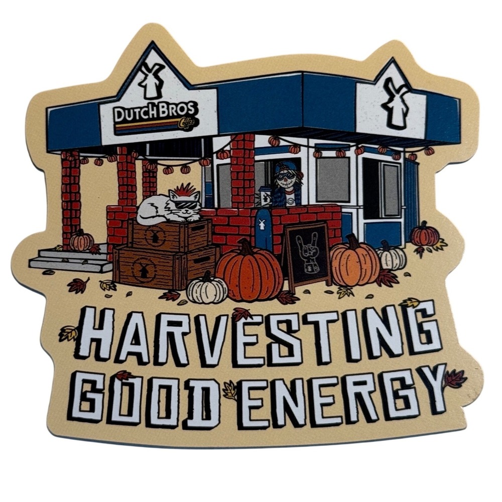 Dutch Bros Coffee Harvesting Good Energy Fall Pumpkin Sticker Decal 3" 9/2/26